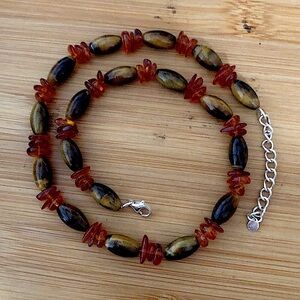 $82 Designer Amber and Tiger Eye Estate Necklace Sterling  Marked GSJ 925 China